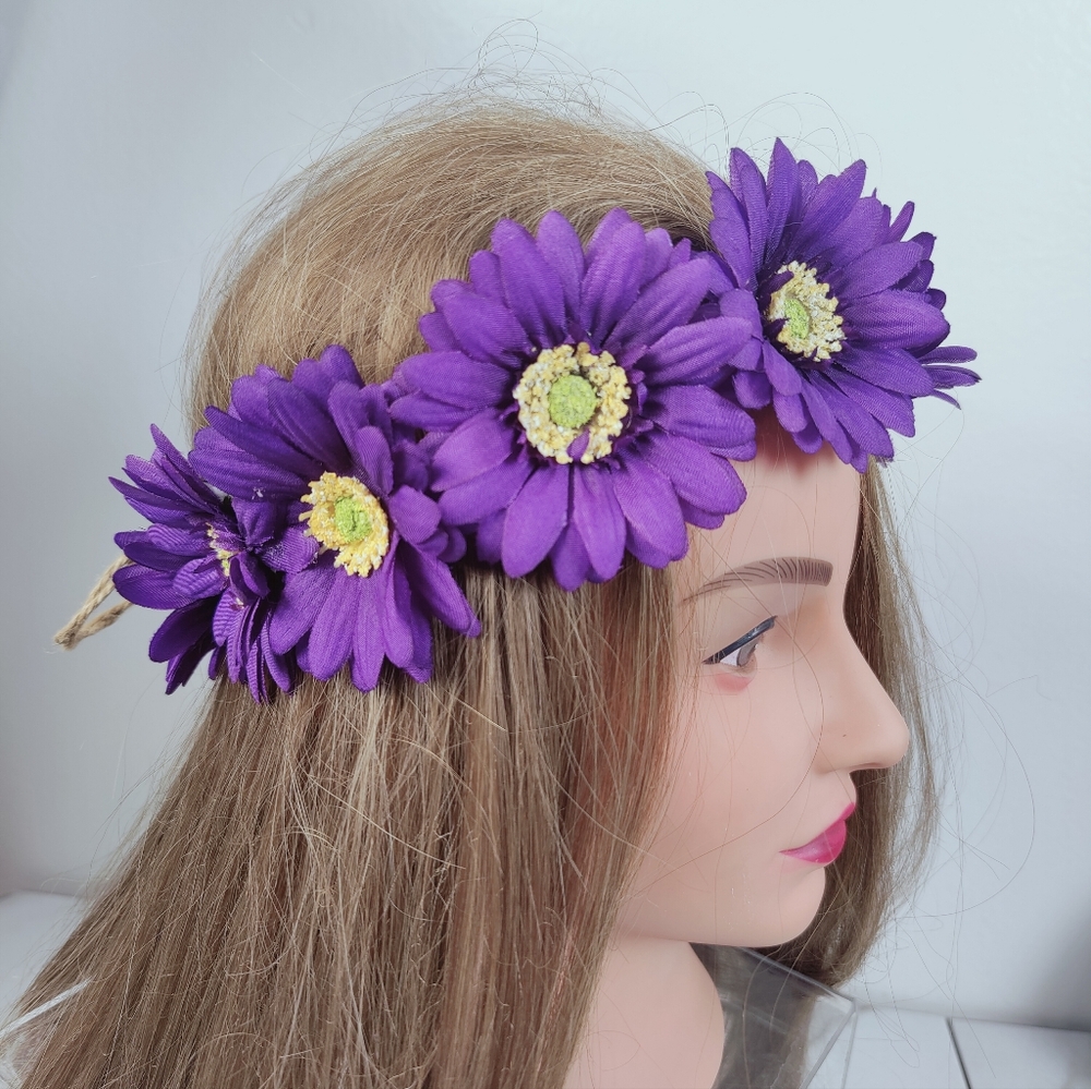 Handmade Purple Daisy Flower Crown Hippie Festival Headband Natural Fibers, OS